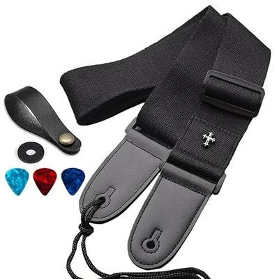 Guitar Strap, Acoustic Electric Guitar Straps, Adjustable Leather Ends Bass Guitar Strap with Picks Pocket