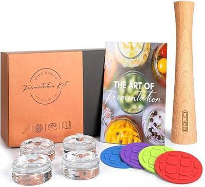 Complete Mason Jar Fermentation Kit – 9 Pc Wide Mouth Starter Set | Includes fermentation lids, glass weights, wooden tamper & recipe book for sauerkraut, kimchi, pickles & probiotics.