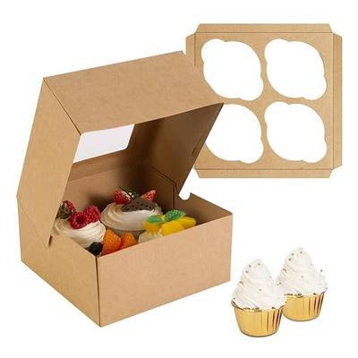Jotique 4 count Kraft Cupcake Boxes with Window, 6 Sets 6x6x3 Inch | Bakery Boxes for Cookies and Muffins, Sturdy Disposable Treat Boxes for Individual Pastry, Baked Goods, Gift Giving