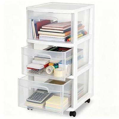 3 Drawer Plastic Storage Cart, Clear Rolling Home Office Organizer WHITE | Removable wheels switch between rolling mobility & stationary stability for any room.