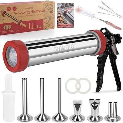 2LB Jerky Gun Kits, 304 Stainless Steel Beef Stick Gun, Beef Jerky Shooter Cannon with 6 Versatile Nozzles, Suitable for 19mm Snack Stick, with 4 Cleaning Brushes and 1 Meat Pusher