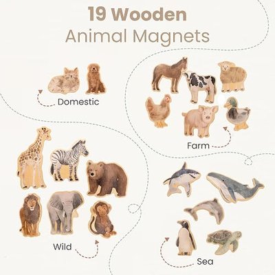 Wooden Animal Magnets for Toddlers | 19 Pieces | Original Watercolor Art on Basswood | Aesthetic Fridge Magnets | Farm, Wild, Sea & Domestic | Montessori-Inspired | Ages 2+