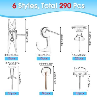 290 Pcs Push Pins Assorted, 6 Style Thumb Tacks Set for Wall Hanging | Cork Board, Bulletin Board, Decorative Steel Point Push Pins for Map, Photo, Craft, Office, Home - Clear