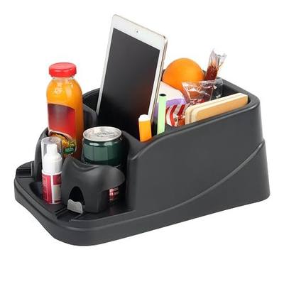 Large Size Plastic Console for Cars, Trucks, Minivans, SUVs with 2 Adjustable Drink Cup Holders Phone Book Holder, Back Bench and Front Seat or Floor Middle Console Universal Vehicle Organizer Black