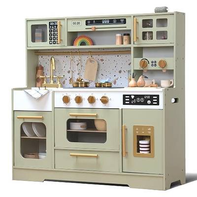 Kids Wooden Play Kitchen Set – Realistic Pretend Play Kitchen with Stove, Sink, Coffee Maker, Ice Maker & 15 Fun Accessories | Montessori-Inspired Toy Kitchen for Toddlers Ages 3+