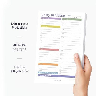 Daily Planner Notepad, 5.5 x 8.5" Tear-Off Pad – 70 Undated Sheets Focus-Enhancing Desktop Organizer with Hourly Schedule, To-Do List for Work, School (White, Colorful, 1 Pack)