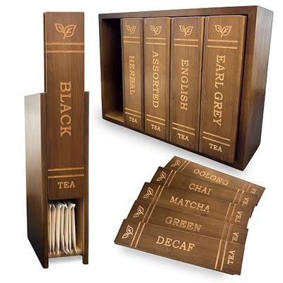 The Tea Library | Elegant Countertop Storage & Display Piece for Tea Enthusiasts | Set of 5 Book-Inspired Storage Boxes with Stand | 10 Sliding Lids with Labels | 100% Bamboo