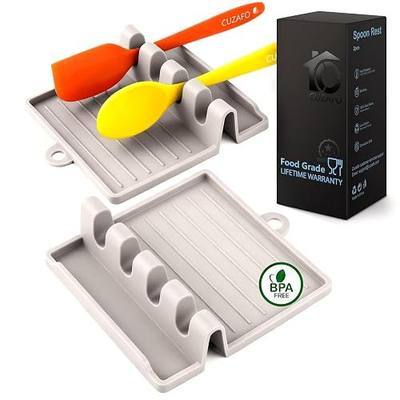2-PACK 600°F Heat Resistant Silicone Spoon Rest, Multiple Utensil Rest, BPA Free Easy to Clean Dishwasher Safe, Khaki