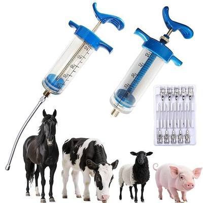 2Pcs 50ML Drencher Medicine, Reusable Adjustable Drench Gun Goat Syringe with Drench Gun Nozzle 10 Needles, for, Cattle, Sheep, Horse, Pig, Large Animal Feeding Syringe