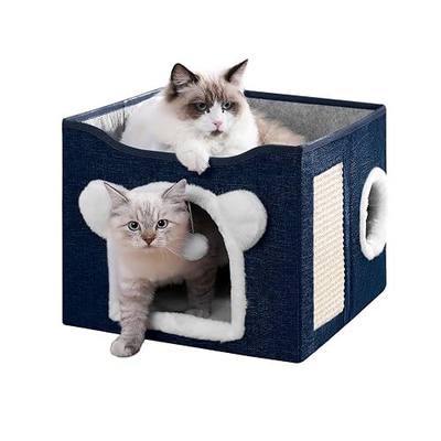 Cat House for Indoor Cats, Large Cat Bed Cave with Scratch Pad and Fluffy Ball, Foldable Cat Hideaway Condo, Kitten Bed, 16x16x13inch (Blue, Large)