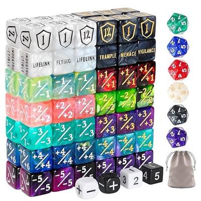 100 PCS MTG Dice Set – Ability Keyword Counters, +1/-1 Life Counter Shield Shaped Dice, D20 Number Dice, Buff Tokens, with 2 Velvet Bags for Storage