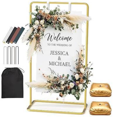Wedding Welcome Sign Stand, Adjustable 50/68 Inch Metal Sign Holder, Gold | Overall size 68 x 31 x 20 in; ideal for seating charts, bridal showers, baby showers, graduations and ceremony entrances.