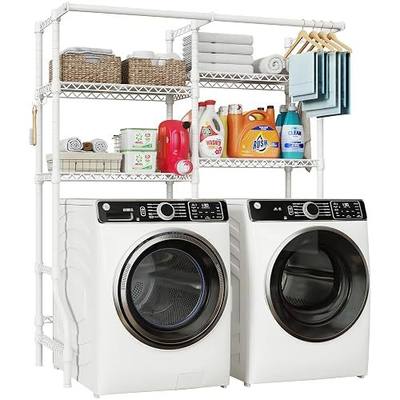 ULIFHOME U14 Medium Over the Washer and Dryer Shelves, 4 Tiers Laundry Room Storage and Organizer System, Space Saving Clothes Drying Rack with 2 Clothes Hanger Rods, 57.8"W x 20.5"D x 77.4"H, White