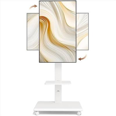 Steel Base Rolling TV Stand for 37-86 Inch TVs up to 110 lbs, White | Rotating & Tilt & Swivel, Mobile TV Stand with Pegboard Storage Panel, Height Adjustable Portable TV Cart, with Steel Shelf