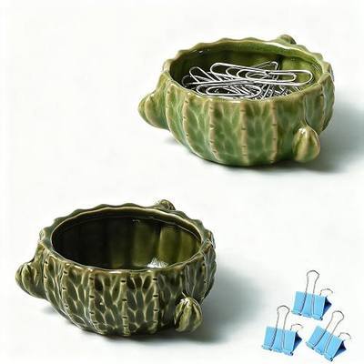 Ceramic Paper Clip Holder, 2 Pcs Green Cactus-Shaped Binder Clip Box Cute Office Decor Supplies for Desk Organizer (Cactus Green)