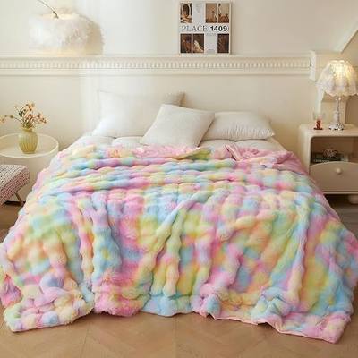 LIFEREVO Fluffy Faux Rabbit Fur Twin Size Throw Blanket 68x90, Rainbow | Soft Plush Bubble Blanket for Bed Couch Sofa Office, Tie Dye Fuzzy Large Throw for Adults Girls, Thick Double-layer Washable