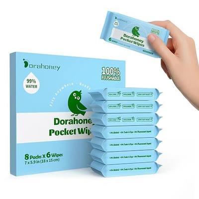 Flushable Wipes Travel Size, 99% Water Mini Wet Wipes for Sensitive Skin, Hypoallergenic & Unscented On The Go Pocket Wipes, 48 Count (8 Packs of 6)