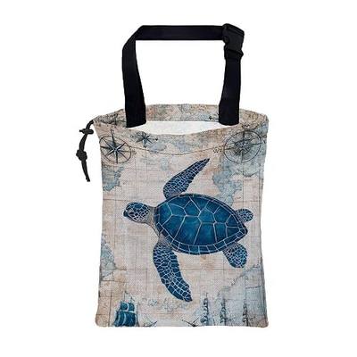 Car Garbage Bag Vintage Blue Sea Turtle Sailing Ships Drawstring Car Trash Bag Hanging for Back Seat with Adjustable Buckle Canvas Vehicle Trash Can Easy-to-Install