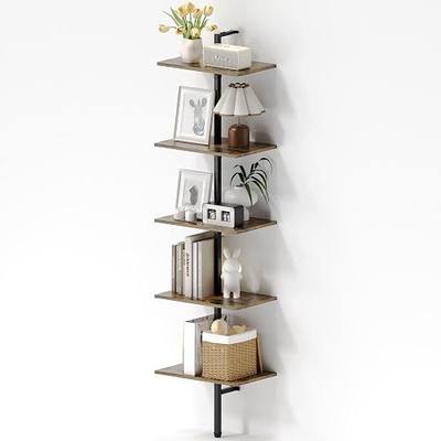 Ladder Shelf, 5-Tier Wooden Wall-Mounted Bookshelf with Metal Frame, Vintage Open Display Organizer Rack, Leaning Storage Shelves for Living Room, Bedroom, Home Office, Rustic Brown and Black