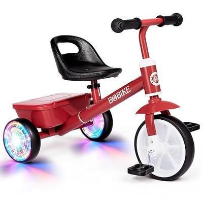 Bobike Toddler Tricycle for Ages 2-5 Years, Tricycle with 2 LED Light Wheels, Toddler Bike with 3-Position Seat and Rear Basket, Kids Bike Gift for Boys & Girl (Red)