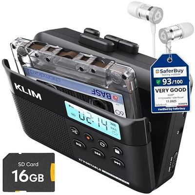 KLIM K7 Cassette Tape Player with Fusion Earphones - Cassette to MP3 Converter - Portable - Built-in Microphone & Speaker - Rechargeable Battery - White Earphones - 16GB SD Card - Black