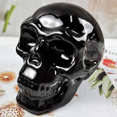 Skull Head Statues Crystal Skull Figurines K9 Glass Skull Halloween Decor Gifts for Women Plating Black 2.8"