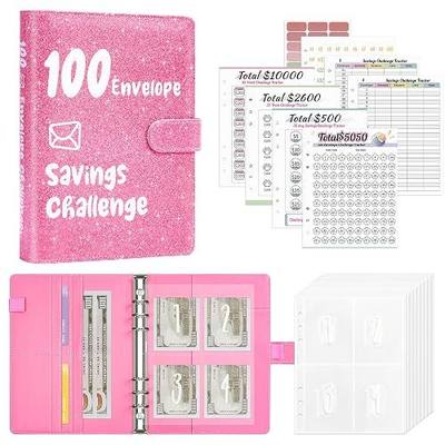 Ospelelf 100 Envelopes Money Saving Challenge Budget Binder, Save $10,000 Budget Binder with Cash Envelopes 52 Week, Glitter Bright Pink