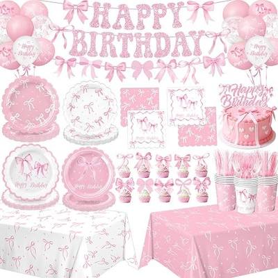 Pink Bow Birthday Decorations Include Plates, Napkins, Cups, Cutlery, Banner, Hanging Swirls, Cake & Cupcake Toppers, Balloons, Tablecloths for Coquette Birthday Decorations, Serves 20