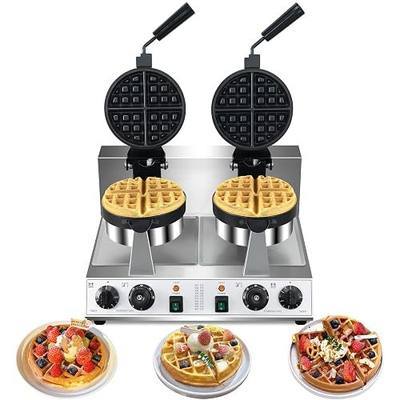 Double Head Commercial Round Waffle Maker 2600W, 2-Slice 180° Flip Rotatable Design, Adjustable Temp & Timer, Nonstick Teflon Plates, Easy Operation for Catering