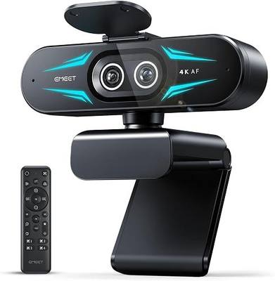 EMEET C60E Dual-Camera 4K Webcam for Streaming, Wide-Angle and Telephoto Cameras, Max 11X Hybrid Zoom & PDAF Autofocus, Remote Control, RGB Lighting, 2 Mics, Ideal for Livestreaming and Online Meeting