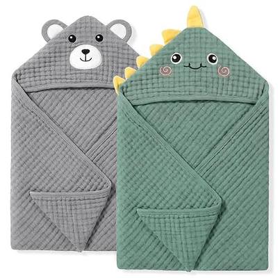 4 PCS Muslin Baby Bath Towels Set for Boys & Girls, Dinosaur & Bear | 2 PCS Animal Hooded Baby Towels 32×32'', 2 PCS Washcloths 10×10'', 100% Cotton Absorbent Soft, Infant Newborn Essentials Gift