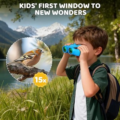 Aurosports 15x25 Compact Binoculars for Kids - Small Binoculars Lightweight with Carrying Case Birding Guide for Bird Watching Hiking Camping Travel Gift for 8-12 Years Boys Girls (Blue)