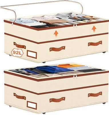 2 Pack Under Bed Storage with Wheels, 6in-10in Height Adjustable Underbed Storage Containers, 92L XXXL Under Bed Drawers Rolling Bin with Clear Lids for Dorm Shoes Clothes Organizers(Beige)
