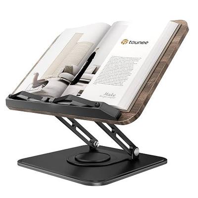 Tounee Book Stand, 360° Rotating Reading Book Holder, Adjustable Cookbook Holder for Reading Hands-Free, Foldable Desktop Recipe Book Stand with Protective Page Clips, Fits All Books - Black