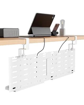 PEGZONE Under Desk Cable Management Tray, 30.2" No-Drill C-Clamp Pegboard | with 5 Hooks, 2 Trays & 79" Tie Roll, On/Under Desk Mount for Power Cords, Vertical Metal Organizer for Home Office, White