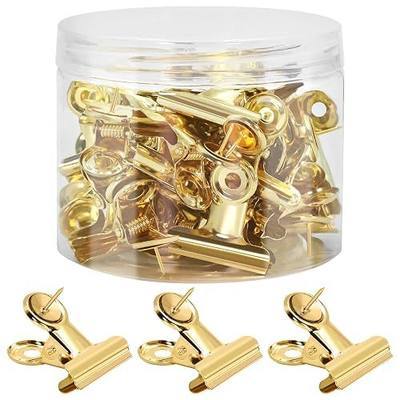 Golden Push Pins Clips (30 Pcs), Upgraded Thumb Tacks with Metal Clips for Cork Board, Bulletin Board Photos Notes Documents, No Hole Paper Clips Durable Office and School Supplies with Stronger Glue