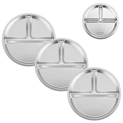PandaEar 3 Pack Stainless Steel Divided Plates for Kids, 8.1” Portion Control Plates with 3 Compartments, Reusable Metal Dishes for Balanced Meals, Camping & Home Use (3, Silver)