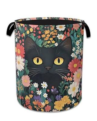 Cute Funny Black Cat Laundry Basket,Oxford Cloth Flower Laundry Hamper With Handle Foldable Portable Clothes Storage Basket for Laundry Room/Bedroom/Bathroom 20.8"x16"