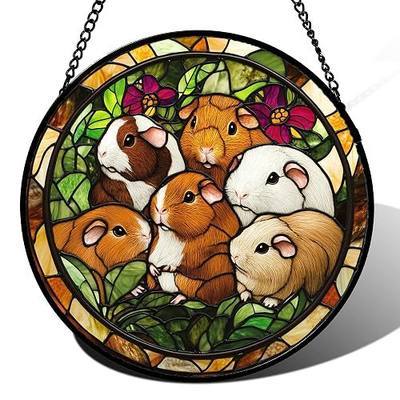 Stained Glass Window Hanging 6 Cute White Brown Guinea Pigs 6.3" - Suncatcher Door Garden Sunroom Sun Catcher Decor Birthday Christmas for Mom Men Woman Nana Friend