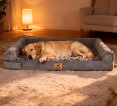 XL Orthopedic Dog Bed - Breathable Egg-Crate Foam Sofa Couch with Bolster, Water-Resistant Liner & Washable Rose Velvet - Ideal for Golden Retrievers, Labradors, Dark Gray(40'' x 28'')