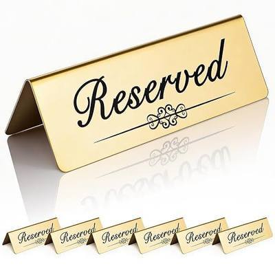 6pcs Reserved Signs, 6×4 Inches Golden Metal Stainless Steel Table Tent Cards for Weddings Receptions,Parties,Restaurants,Events-Double Sided Reserved Table Place Signs