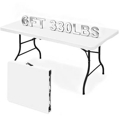 Heavy Duty 6ft Folding Table, Portable Fold-in-Half 6 Foot Foldable Table, Table of Utility Dining Indoor Outdoor with Carrying Handle for Camping Picnic and Party, White