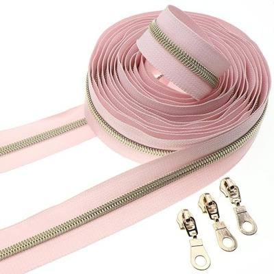Leekayer #5 Nylon Zippers Bulk 5 Yards Light Gold Teeth Zipper Pink Tape | Metallic Nylon Coil Zipper with 10pcs Gold Sliders for DIY Sewing Tailor Craft Bag(Pink)