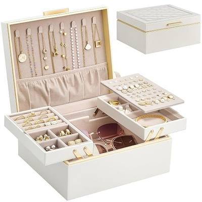Lolalet Jewelry Box for Women Girls, 2 Layer Jewelry Organizer -Cream | Jewellery Storage Case, Necklace Earrings Rings Bracelets Holder, Cnristmas Birthday Gifts for Mom Teen Girls Daughter