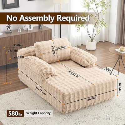 VINGLI Boneless Chaise Lounge Chair Indoor, 55.5" Deep Seat Sleeper Sofa Bed Upholstered Bubble Fleece Fabric Couches for Living Room, Bedroom, Play Room, No Assembly Required