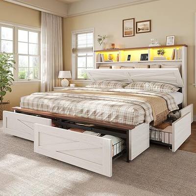 VIAGDO Queen Bed Frame with 6 Drawers, Farmhouse Bed Frame with Barn Door Headboard and Storage, Wood Platform Bed Frame Queen Size with Charging Station and LED Lights, No Box Spring Needed, White