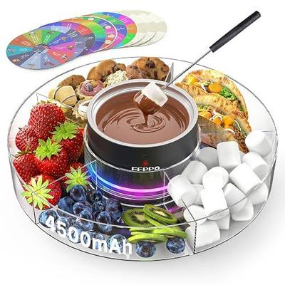 FEPPO Cordless Electric Fondue Pot Set with Mood Light, 2*4500mAh Rechargeable Battery Powered - 7 Roulette Cards & Detachable Serving Tray, 13.5 oz Chocolate Melting Machine, Ideal Gift for Parties