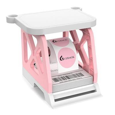 Guermok 3-in-1 Thermal Label Holder Stand, Printer Desk Organizer for Rolls | Desk Organizer for Roll & Fan-Fold Labels, Cable Management, Easy Assembly for Home, Office, Retail & Small Business (Pink)