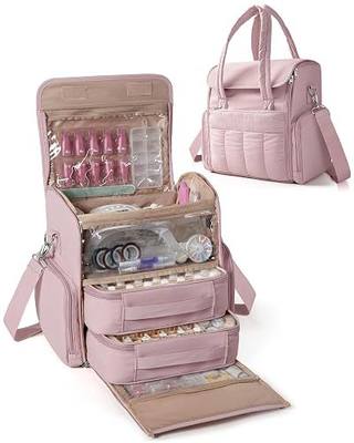 Marscamd Nail Polish Organizer Bag Holds 70 Bottles and Nail Lamp, Nail Polish Storage Case with 2 Removable Bags and Multiple Pockets, Pink