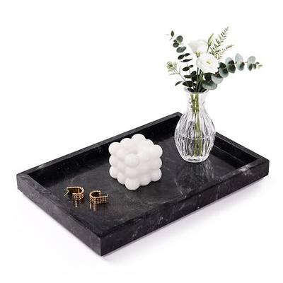 Marble Bathroom Tray for Countertop & Home Decor, Natural Decorative Marble Tray for Jewelry & Perfume Organizer, Luxury Stone Vanity Trays for Dresser, Kitchen Counter, 12" x 8", Gray Black